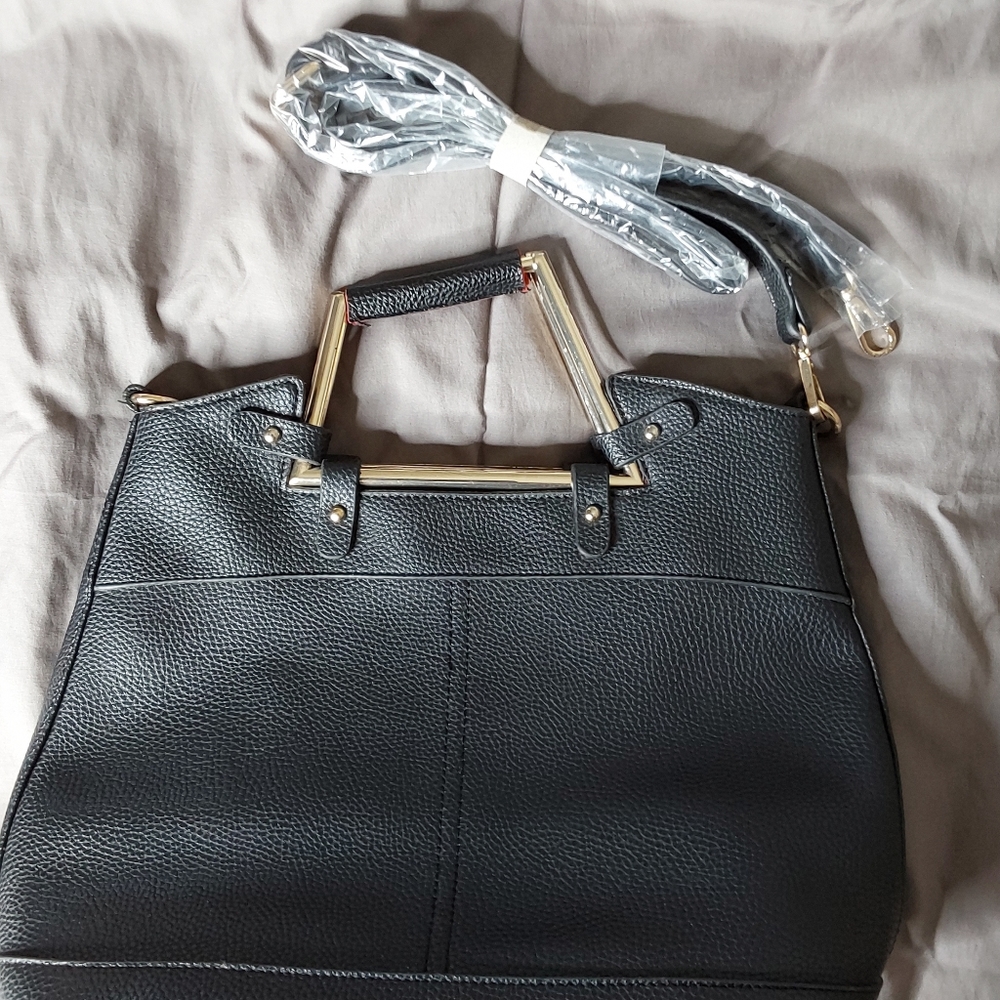 Ladies embossed black satchel handbag w/ crossbody detachable strap